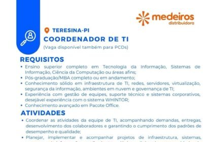 Vaga de emprego para Coordenador de T.I