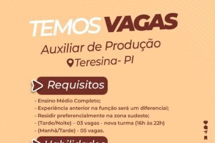Vaga de emprego para Auxiliar de Produção