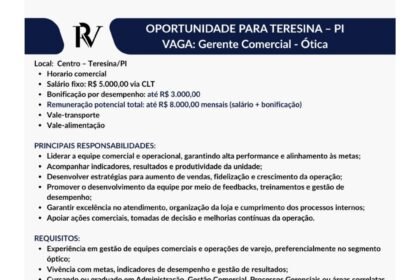 Vaga de emprego para Gerente Comercial