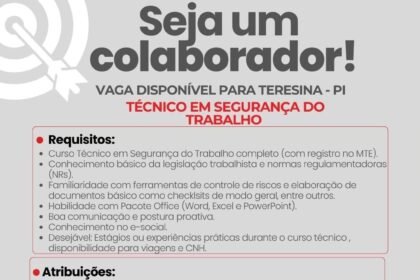 Vaga de emprego para Téc. em Segurança do Trabalho